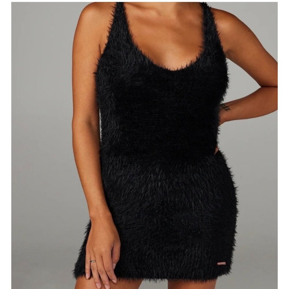 Savage X Fenty Fluff It Up Mini Dress Black Fuzzy Eyelash Knit XS New